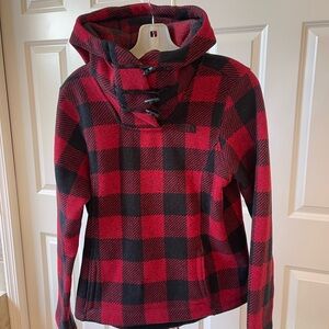 The North Face Jacket Women Small Red Buffalo Plaid Hood Fleece Toggle Pullover